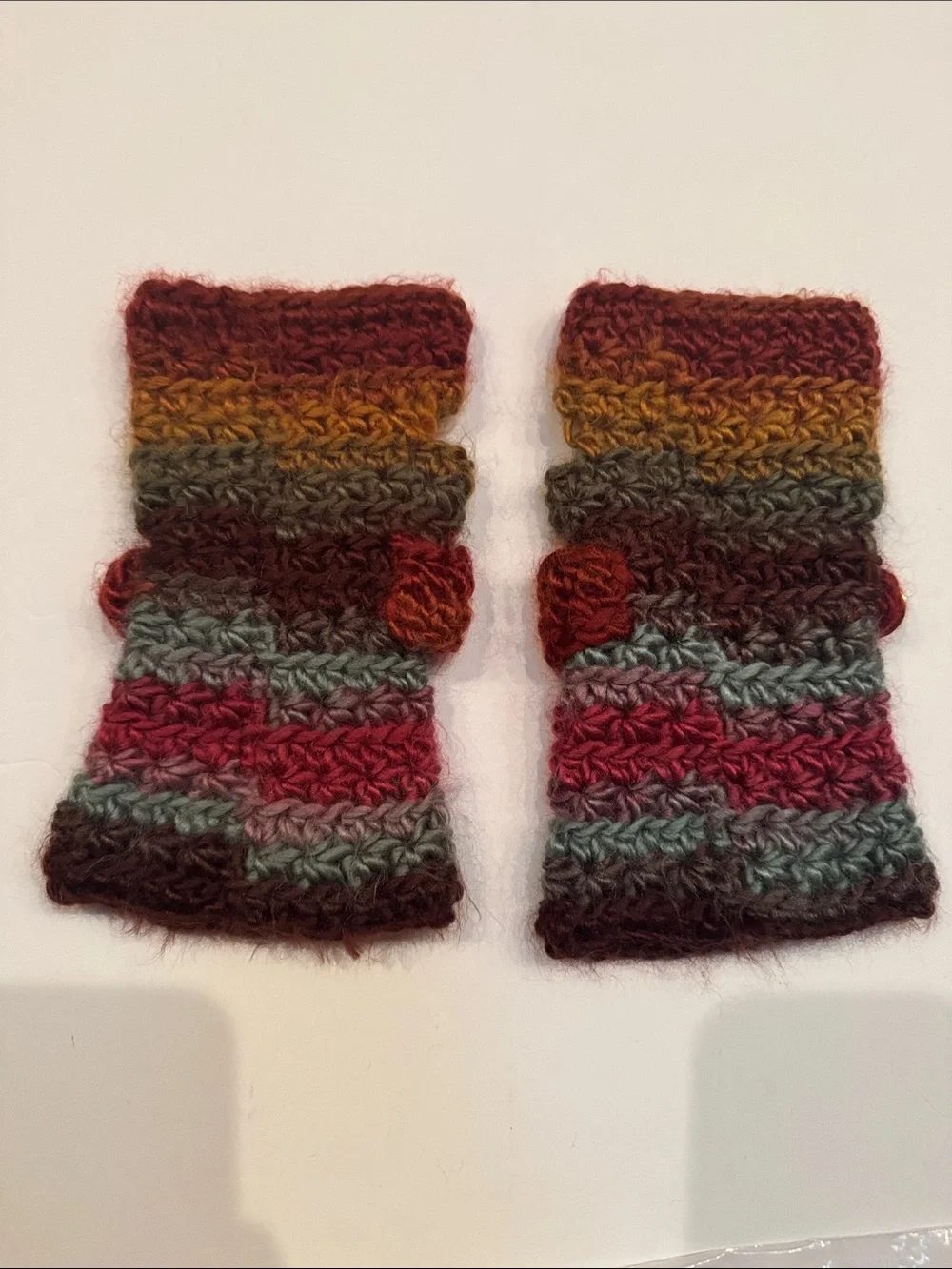 Handmade Handwarmers Crochet Striped Burgundy Blue Tan Mittens Womens